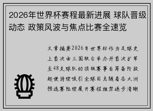 2026年世界杯赛程最新进展 球队晋级动态 政策风波与焦点比赛全速览